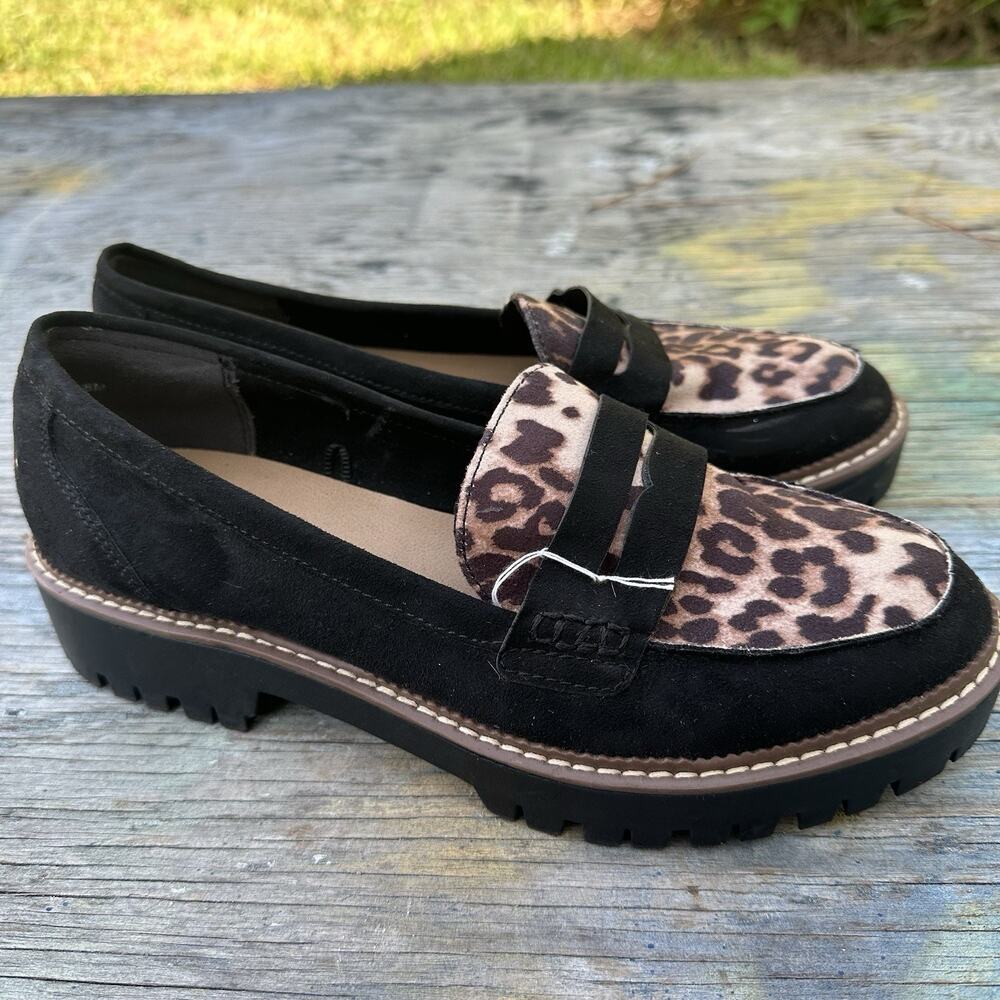 Jellypop Lug Sole black Leopard Print Penny Loafers Womenโs 8 Shoes - BP